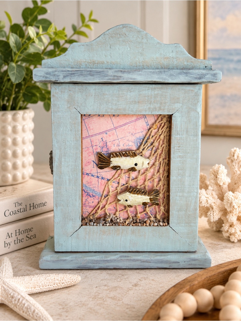 Coastal Fish Wall Mount Key Holder Cabinet Nautical Wood Decor
